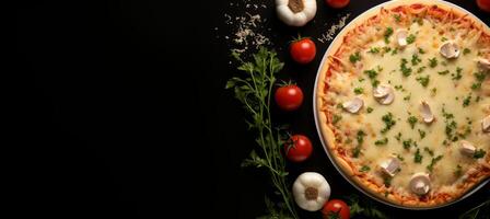 ai generado sabroso margherita Pizza en negro piedra, parte superior vista, con Fresco ingredientes y espacio para texto foto