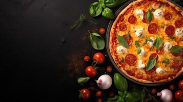 ai generado delicioso Pizza en negro piedra, parte superior vista, Fresco ingredientes, espacio para texto en izquierda lado foto