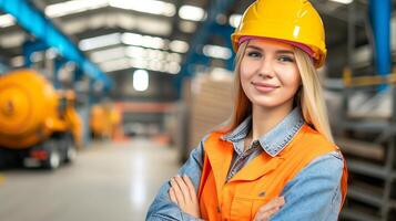 AI generated Bright large warehouse distribution center female worker portrait standing with plenty of light photo