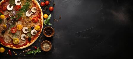 AI generated Gourmet pizza on black stone with top view, fresh ingredients, and empty space for text photo