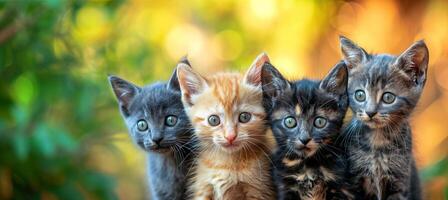ai generado grupo de adorable vistoso gato gatitos sentado juntos en un fila en un juguetón conducta foto