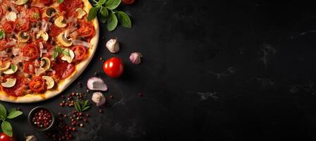 AI generated Mouthwatering pizza on black stone, top view with fresh ingredients, empty space for text photo
