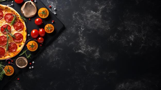 AI generated Delicious pizza on black stone with fresh ingredients, top view, ample space for text photo