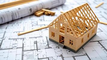 AI generated Wooden frame house model under construction on blueprints   residential development project concept photo