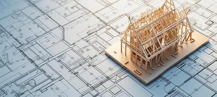 AI generated Wooden frame house model on blueprints, building project with text space and customization options photo