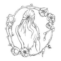 Vector graphics line drawing of a young woman with flowers