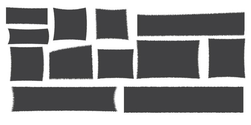 Set jagged rectangle torn paper border, frame sharp silhouette isplated on white background. Grunge sticker, stump. Vector illustration
