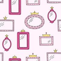 Seamless vector pattern, cute hand-drawn mirrors of different shapes on a pink background. Crowns, decorative borders, frames.