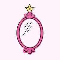 Cute oval vector mirror in bright pink color. Fancy vintage hand drawn frames, crowns and swirls, decorative frame.