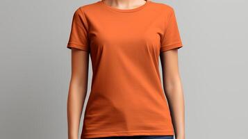 ai generado sonriente mujer en vibrante naranja t camisa Bosquejo modelo para diseño impresión estudio en ligero gris pared foto