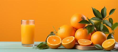 AI generated Juicy orange beverage in glass on wooden table against soft orange background, with room for text photo