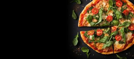 AI generated Delicious pizza on black stone background with top view, fresh ingredients, and empty space for text photo