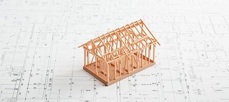 AI generated Under construction  wooden frame house model on blueprints with copy space for text placement photo