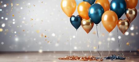 AI generated Festive golden and blue metallic balloons with confetti and ribbons on blurred background. photo