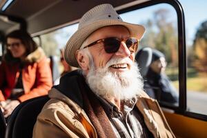 AI generated Delighted elderly couple traveling by bus on defocused background, ideal for text placement photo