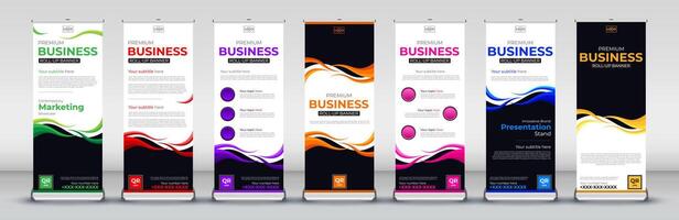 creative roll up banner design for business events, annual meetings, presentations, marketing, promotions, in blue, red, green, yellow, purple, pink and orange print ready colors vector