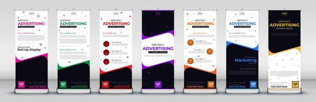 Business roll up banner designs for x stand with eye catchy blue, red, green, yellow, purple, pink and orange for presentations, events vector