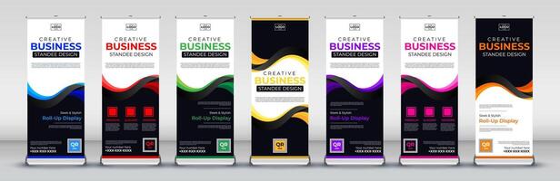 creative roll up banner design for business events, annual meetings, presentations, marketing, promotions, in blue, red, green, yellow, purple, pink and orange print ready colors vector