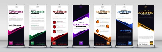 Business roll up banner design for business events, annual meetings, presentations, marketing, promotions, with red, blue, green, orange, Yellow, pink and purple print ready colors vector