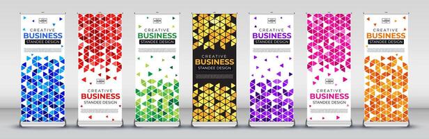 Business roll up banner designs for x stand with eye catchy blue, red, green, yellow, purple, pink and orange for presentations, events vector