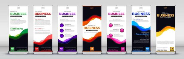 creative roll up banner design for business events, annual meetings, presentations, marketing, promotions, in blue, red, green, yellow, purple, pink and orange print ready colors vector