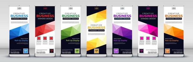 Business roll up banner design for business events, annual meetings, presentations, marketing, promotions, with red, blue, green, orange, Yellow, pink and purple print ready colors vector