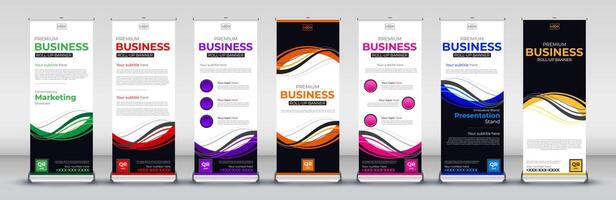 Business abstract trendy roll up banner design for business events, annual meetings, presentations, marketing, promotions in blue, red, green, yellow, purple, pink, orange vector