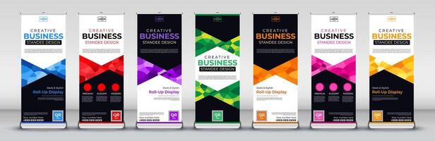 Business roll up banner design for business events, annual meetings, presentations, marketing, promotions, with red, blue, green, orange, Yellow, pink and purple print ready colors vector