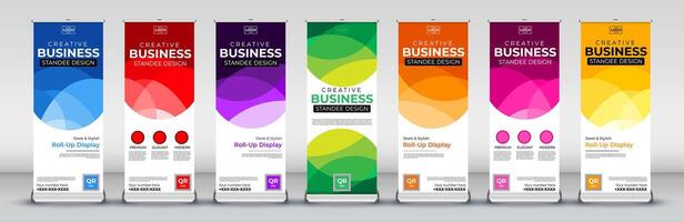 Business roll up banner design for business events, annual meetings, presentations, marketing, promotions, with red, blue, green, orange, Yellow, pink and purple print ready colors vector