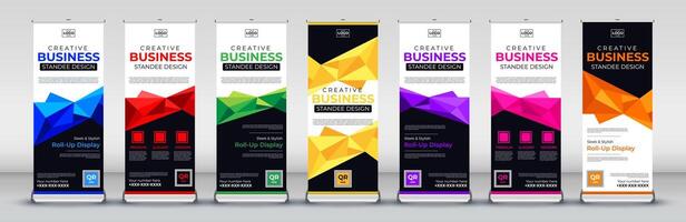 Business abstract trendy roll up banner design for business events, annual meetings, presentations, marketing, promotions in blue, red, green, yellow, purple, pink, orange vector