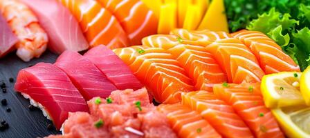 AI generated Fresh fish products collage with white dividers, arranged in seven segments under bright lighting photo