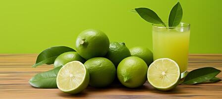 AI generated Freshly squeezed lime juice in glass on rustic wooden table with vibrant green background photo