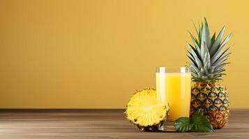 AI generated Pineapple juice in glass on wooden table with soft yellow background for text placement photo