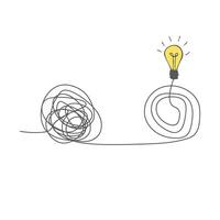 The way to solve a complex idea, mentoring. The concept of confusion turning into a light bulb. Clarity of thought, brainstorming. Understand the meaning. Doodle vector illustration.