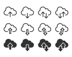 Cloud download and upload icons set. Upload download cloud computing outline and filled vector sign.