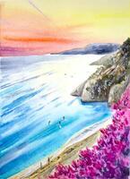 Hand painted watercolor coast landscape. Watercolor Greece. Watercolor sunset painting with a seashore and pink flowers. vector