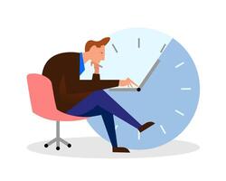 Adult male sitting and working on laptop. Concept of procrastination and proper time management vector