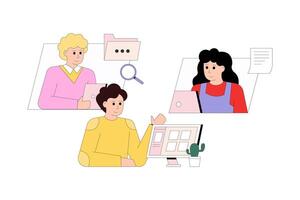 Men and lady making presentation online. Friendly communication concept vector