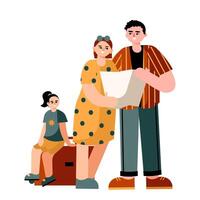 Happy family with suitcases and trolley bags standing with daughter, waiting for transport vector