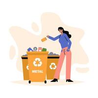 inteligente mujer clasificación metal basura. reciclaje de diferente productos vector