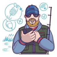 Fisherman in uniform holding smartphone and chooses fish-tackle vector