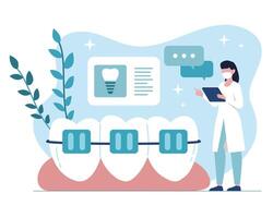 Orthodontist providing dental treatment with bracket system, consulting patients online vector