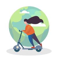 mujer utilizando patada scooter en antecedentes con tierra. cuidado acerca de planeta concepto vector