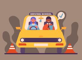Young female, driving car during private driving lessons. Passing driving test concept vector