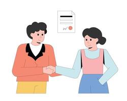 Businesspeople shaking hands. Woman and man standing near and conclude agreement vector