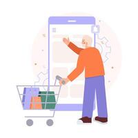 Man standing with trolley near big mobile screen and choosing products in application vector