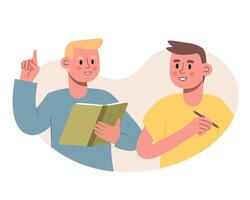 Young man holding open book and reading to friend. Students studying, doing homework vector