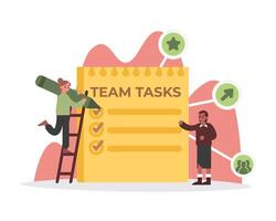 Female puts tick in front of completed tasks. Business concept, teamwork and work progress vector