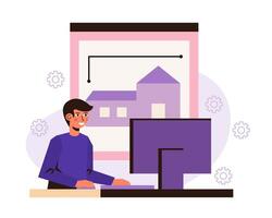 Man working on computer in architect program. House design and layout concept vector