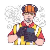 Smiling construction worker in uniform and helmet buying goods on internet vector